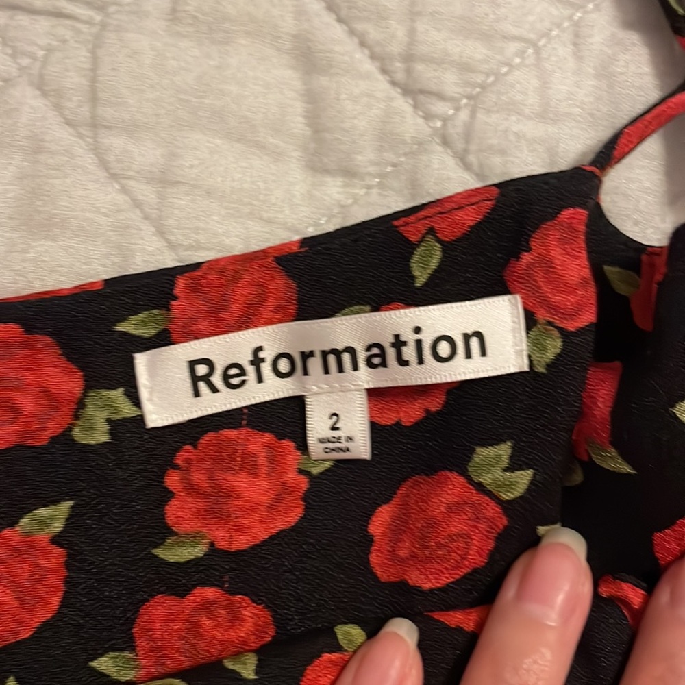 Reformation Black Midi Dress with Red Floral Pattern - Picture 7 of 10